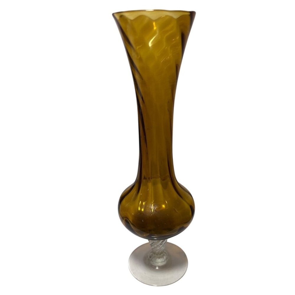 Amber Glass Swirl Vase With Clear Pedestal Base 8" Tall Vintage MCM Bud